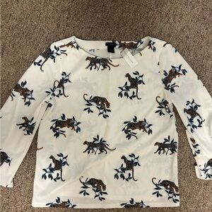 Ann Taylor White Blouse with Blue and Brown Print